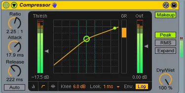 Ableton compressor showing ratio settings