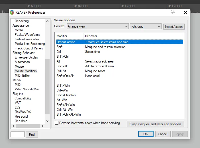 Reaper mouse modifiers configuration